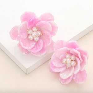 Pink Floral Pearl Statement Earrings, NWT | Petal Blossom Earrings with Pearls